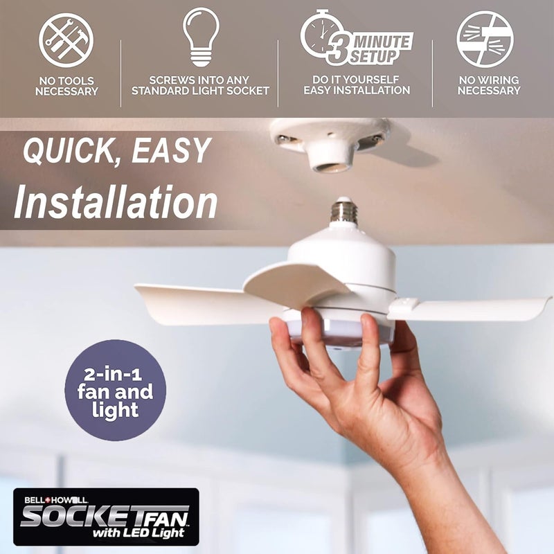 BELLHOWELL Socket Breeze Modern Ceiling Fans with LED Lights, 10" LED E26/E27 Screw Base Mini Light Socket Fan with Cord for Bedroom, Living Room, Kitchen, Balcony - Image 2